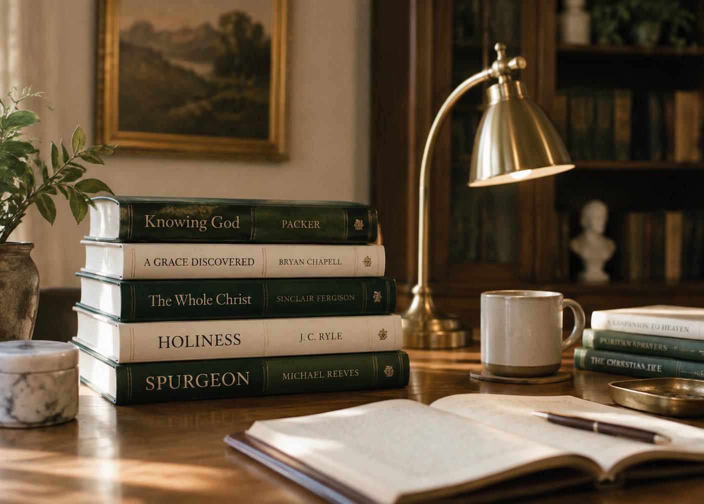 A reading table with a stack of Christian books and a brass lamp